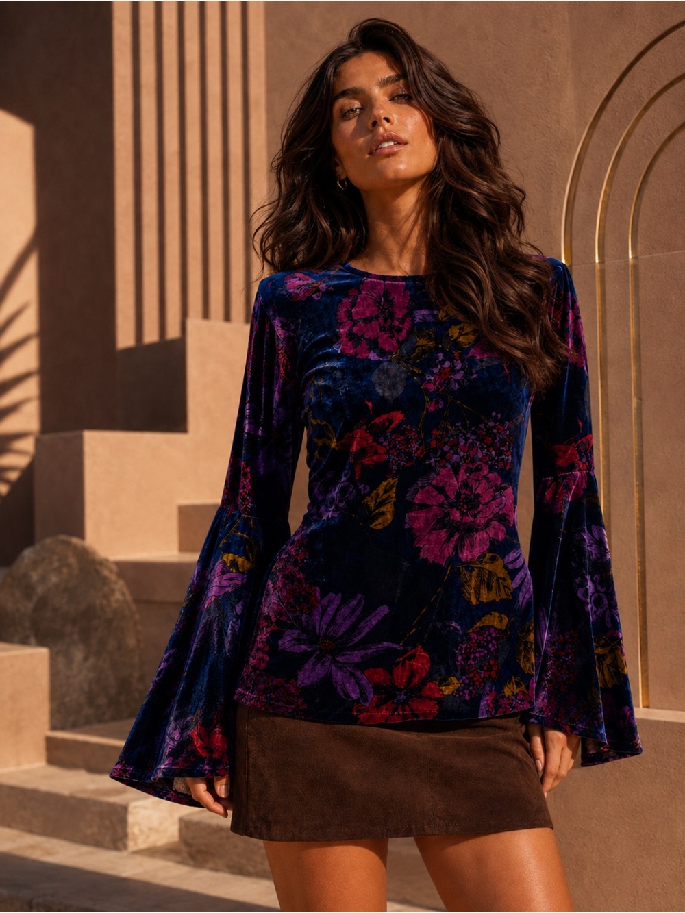 Trina Turk NWT Astral Floral Velvet Bell Sleeve Top Silk Blend Jewel Tones, S XS